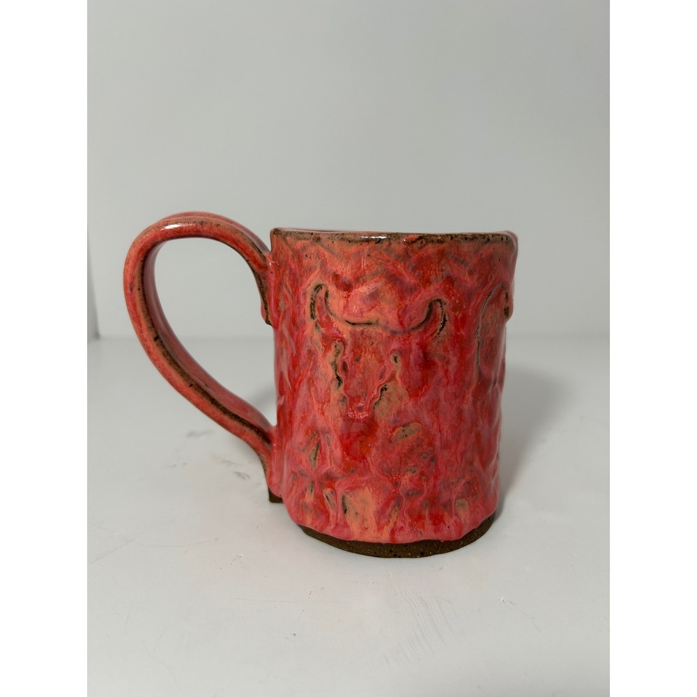 Studio Pottery Longhorn Bull Mug Artisan Red Textured Glaze Signed Ceramic‎ Cup